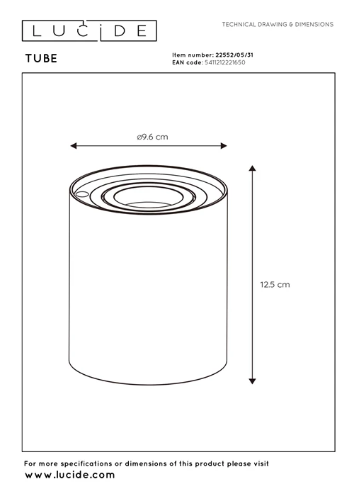 Lucide TUBE - Lampe de table - Ø 9,6 cm - LED 3 StepDim - GU10 - 1x5W 2700K - Blanc - technique
